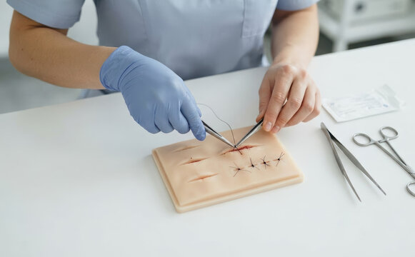 Medical student practicing surgical sutures on artificial skin model with instruments in clinic