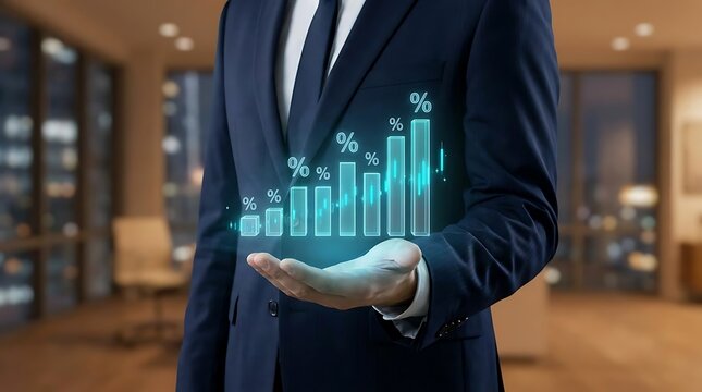 Businessman presenting holographic financial bar chart