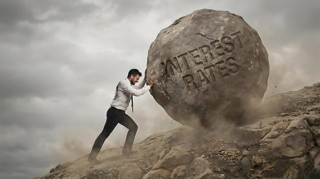Businessman pushing heavy interest rate boulder uphill