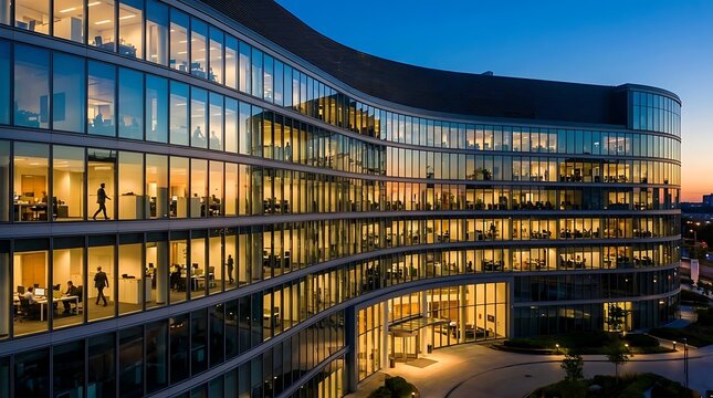 Curved glass facade of a modern office building