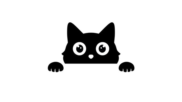 Black Cat Peeking from Bottom Loop Animation on White Background