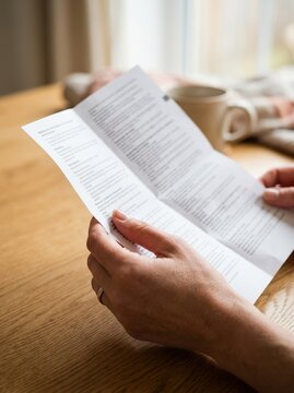 Woman reading medication information leaflet instruction insert at home table for health care concept