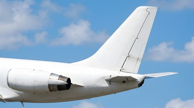 Close up of an airplane tail and engine against a blue sky