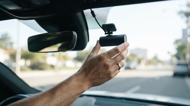 Man installing a dash cam on the windshield of a car for vehicle safety and accident recording