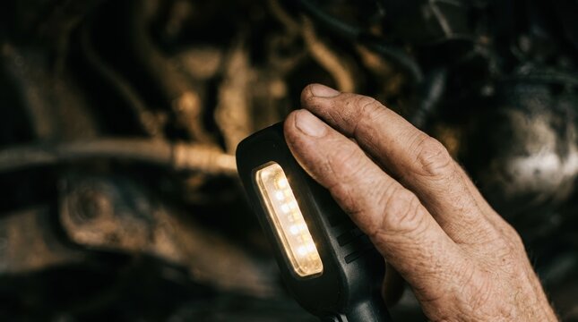 Mechanic holding LED inspection light to check engine parts in vehicle repair shop