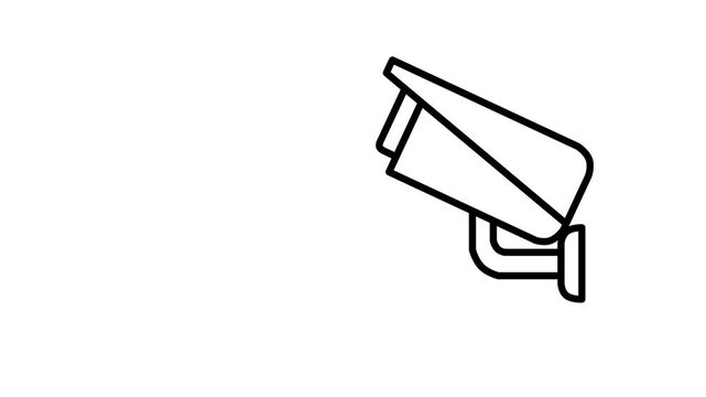 Animated black line art of a panning security CCTV camera on a solid white background.