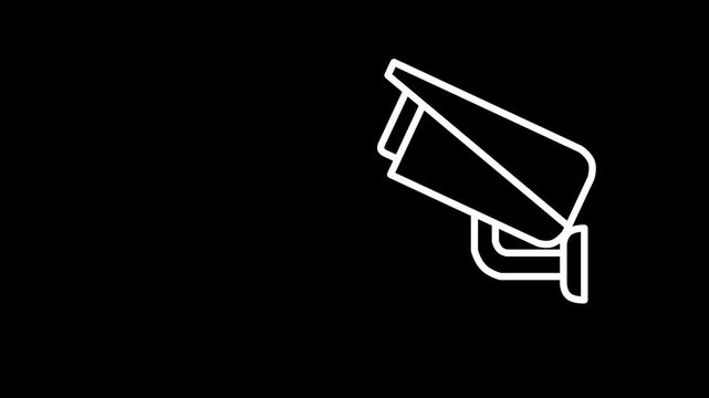 Animated white line art of a panning security CCTV camera on a solid black background.