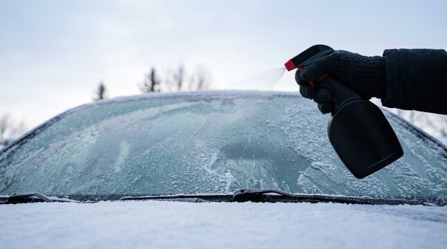 Person spraying deicer liquid onto frozen car windshield on a cold winter morning