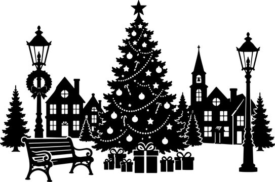 Christmas Tree in Winter Village Silhouette