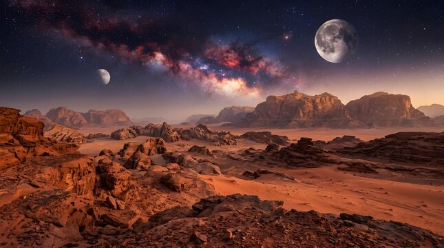Alien desert landscape with milky way and two moons