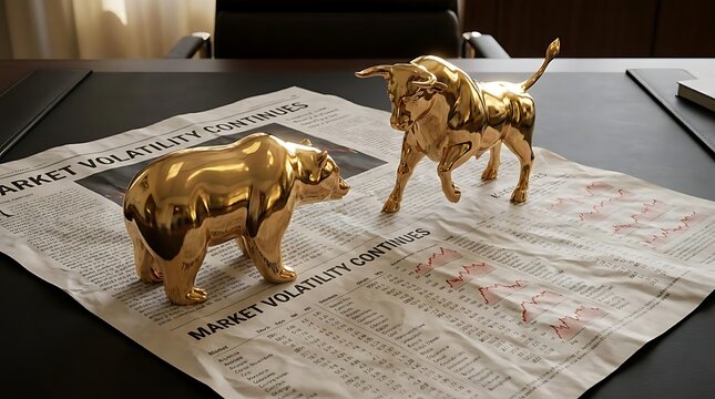 Gold bull and bear figurines on newspaper