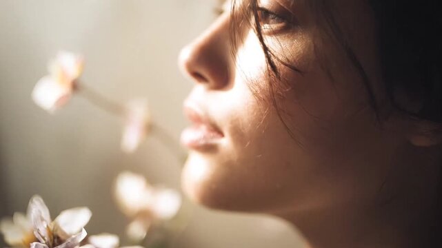 Profile portrait of young woman near blooming flowers
