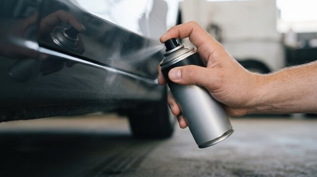 Man painting car body with spray can in workshop, automotive repair and custom paint job concept