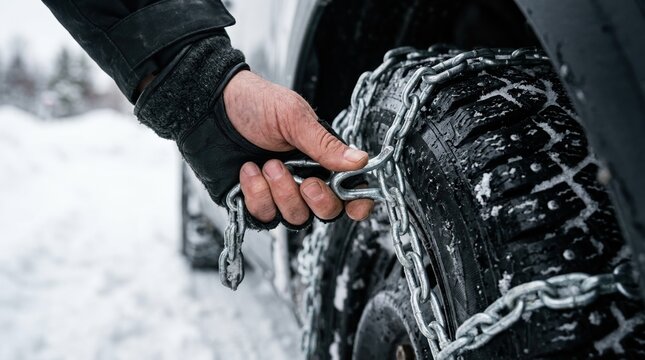 Close-up of a man putting snow chains on a car tire for winter driving safety