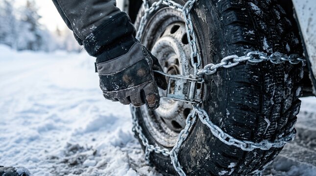 Driver fitting snow chains on a car tire in winter to ensure safety on icy and snowy mountain roads