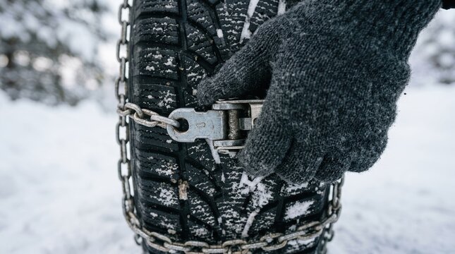 Person fitting winter snow chains on a car tire for safe driving in freezing weather conditions