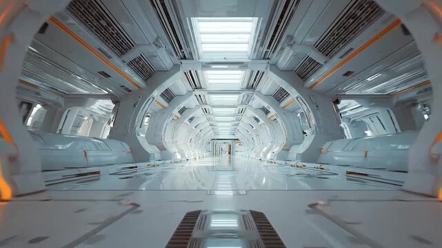 Futuristic white spaceship corridor with orange glowing lights