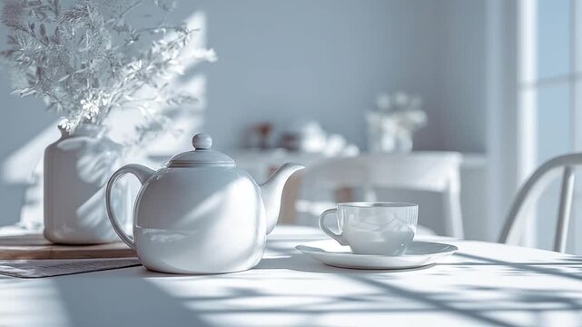 White teapot and cup on sunny morning breakfast table