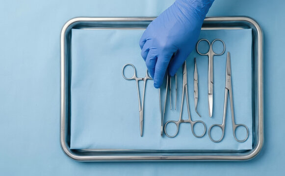 Medical surgical instruments on a sterile tray prepared for operation by a professional healthcare worker