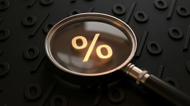 Magnifying glass focusing on golden percent sign