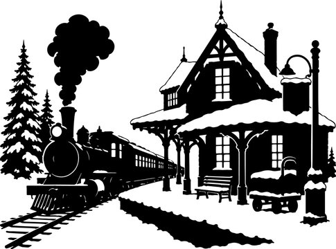 Winter Train and Snowy House Silhouette Scene
