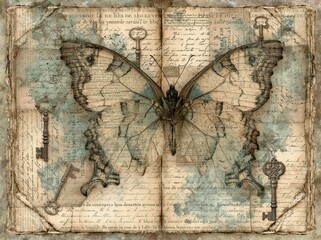 Fototapeta premium Vintage junk journal butterfly spread. Antique paper collage with keys and script writing.