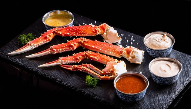 delicious snow crab legs with dipping sauces
