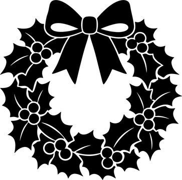 Christmas Holly Wreath with Bow Silhouette
