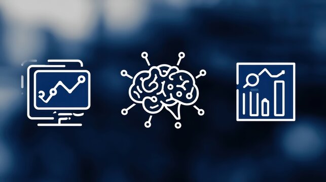 AI, Big Data, and business analytics icons represent the integration of advanced technology in analyzing graphs, business data, and market trends, driving strategic decisions and innovative solutions