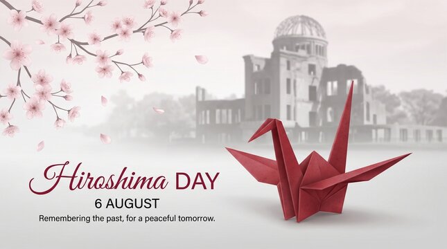 Hiroshima Day 6 August poster with red origami crane, Genbaku Dome memorial, and cherry blossoms. Remembrance background for peace anniversary, social media banner or greeting card design.