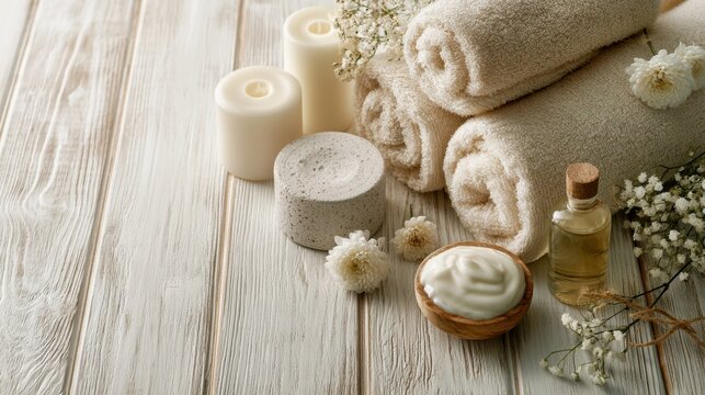 Beautiful spa treatment composition such as Towels, candles, essential oils, Massage Stones on light wooden background. blur living room, natural creams and moisturizing Healthy lifestyle, body care
