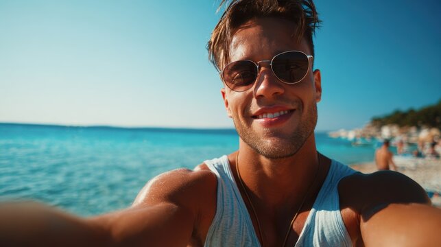 closeup shot of a good looking female tourist. Enjoy free time outdoors near the sea on the beach. Looking at the camera while relaxing on a clear day Poses for travel selfies smiling happy tropical