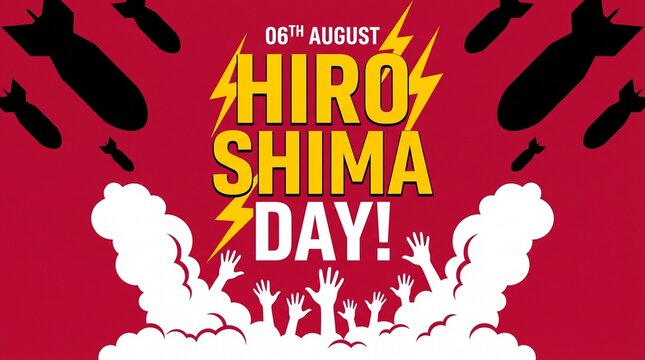 Hiroshima Day 6th August commemorative poster with falling bomb silhouettes, white smoke, and reaching hands on red background. Ideal for anti-war awareness and historical remembrance.