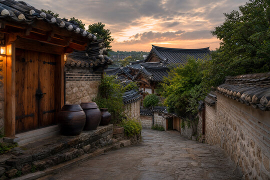 Onggi earthenware jars in a overcast spring Korean hanok alley