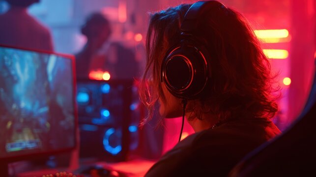 pro gamer man in headphones live streaming while playing online computer game, neon lights, esports,  gaming, monitor, play, young, player, internet, enjoyment, cyber,