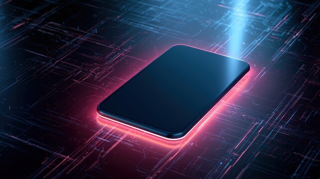 Smartphone on technology background. Neon glowing mobile phone on abstract dark background. Futuristic network connection