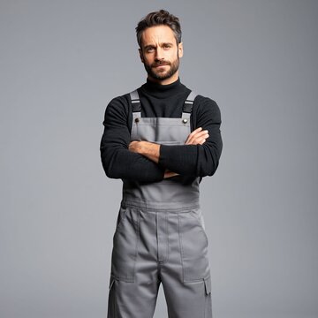 Male workers in uniforms with natural smiles, emphasizing reliability, confidence, and professional skill in the studio set up light and background..
