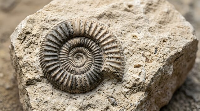 Close up of a prehistoric ammonite fossil in stone