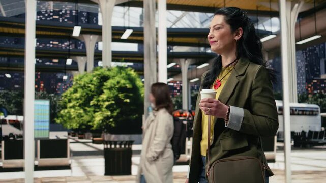 Female passenger carries a takeaway drink while walking through a bus station; the woman moves through the intercity coach terminal and enjoys a brief refreshment break before departure.