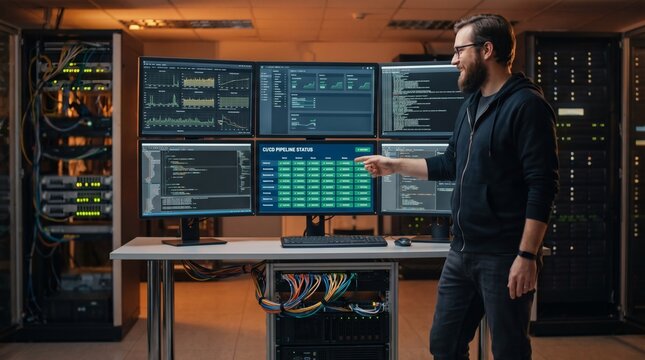 Professional IT specialist working with server infrastructure and monitoring data on multiple computer screens.