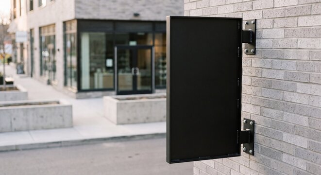 Blank black store sign mockup mounted on light gray brick building wall
