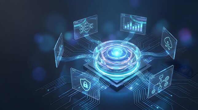 Central processing unit visualization with digital dashboards displaying cybersecurity and data analytics metrics