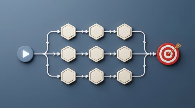 Workflow optimization flowchart concept with hexagonal pathways leading to a strategic target bullseye
