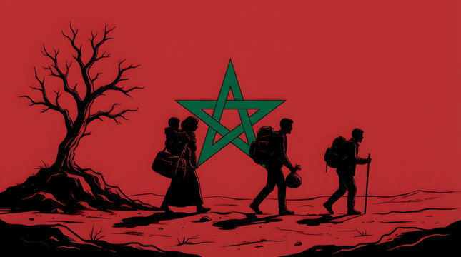 Migrant family silhouette traveling before moroccan flag symbol .Generative AI