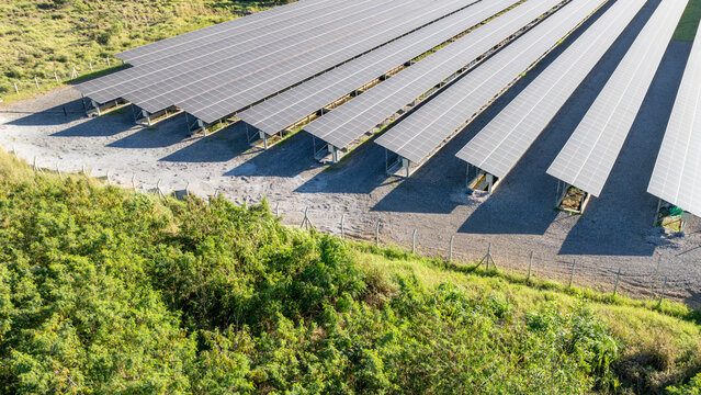 Large solar farm with rows of photovoltaic panels set against a backdrop of lush green forest and distant mountains in Itaguai, Rio de Janeiro, Brazil. Aerial view.