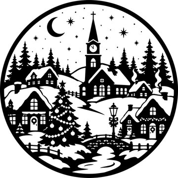 Christmas Winter Village Circular Silhouette Scene