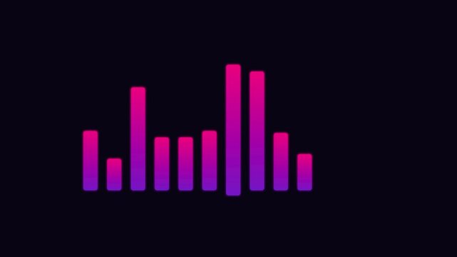 Neon gradient audio equalizer bars pulsing to music rhythm on dark animation 4k background, sound