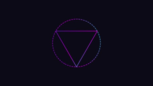 Neon glowing triangle rotating inside a dashed circle abstract motion animation 4k
