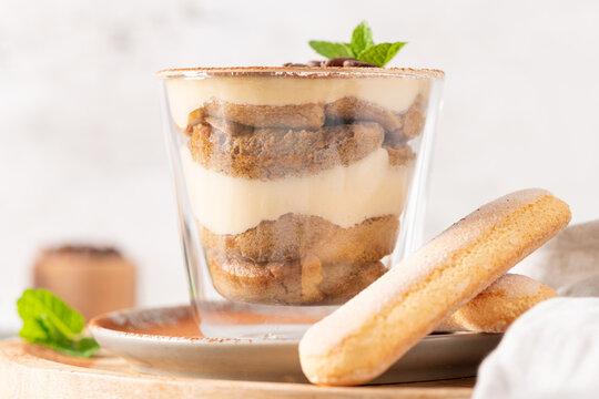 Traditional Tiramisu Dessert in a Glass Cup