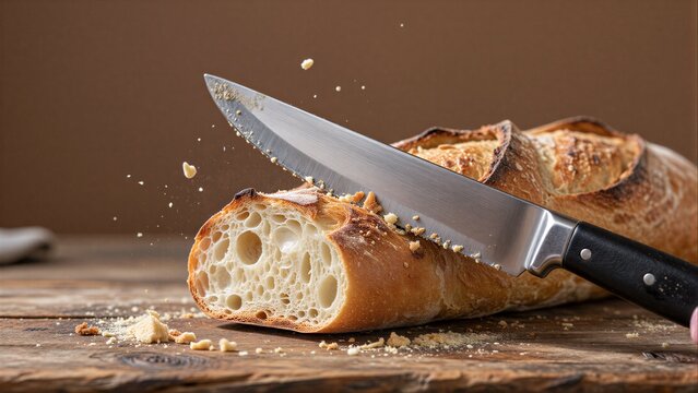 Fresh bread sliced, crumbs flying, rustic knife on wooden board.